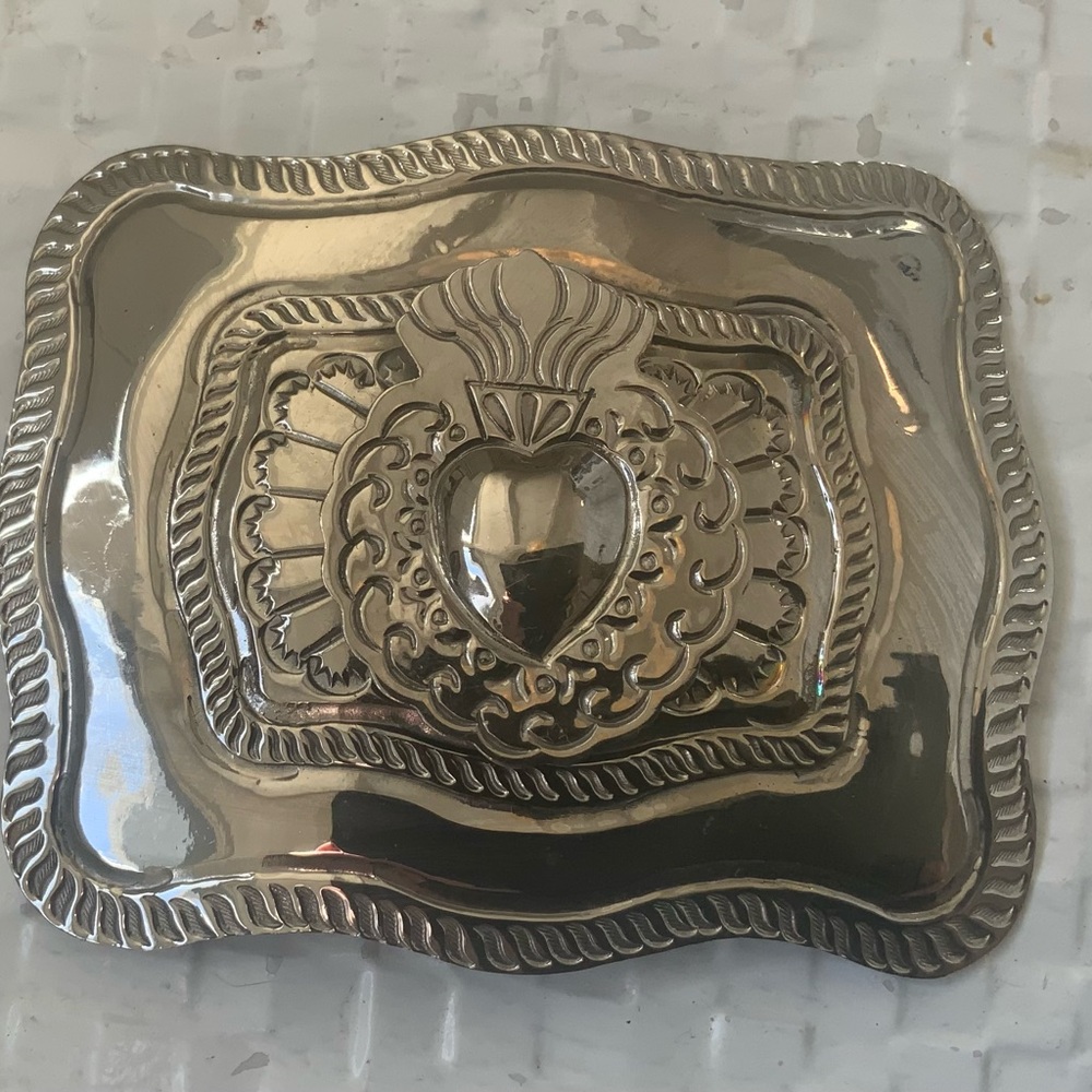 Silver Belt Buckle Western Flaming Sacred Heart